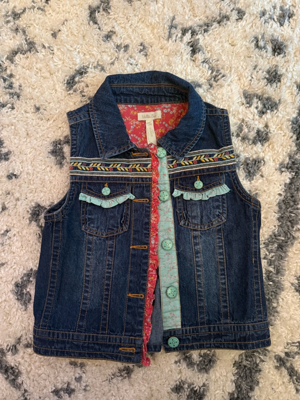 Matilda Jane Dark Blue Denim Vest with Aqua and Coral Accents